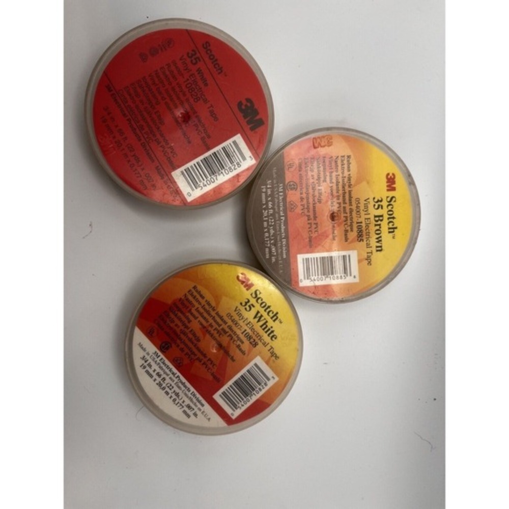 Lot 3M 35 Scotch Vinyl Electrical Color Coding Tape 3 Rolls--Two White One Brown